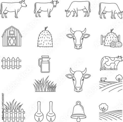 Farm including cows barn hay fence milk jug grass cow hooves bell and landscape