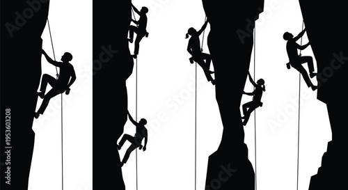 Multiple climbers ascend sheer rock faces using ropes in a dynamic black and white vector illustration graphic