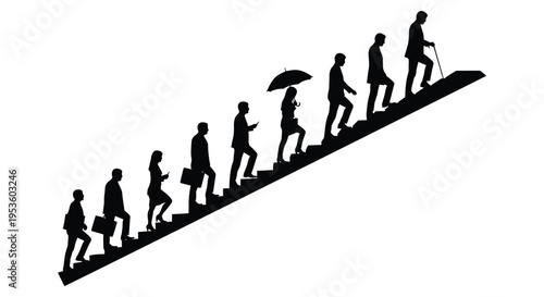 Diverse business people silhouettes ascend an upward staircase representing career and life progression vector illustration