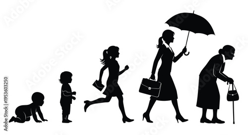 Black silhouette vector graphic illustrating the female lifespan progression from infancy to old age