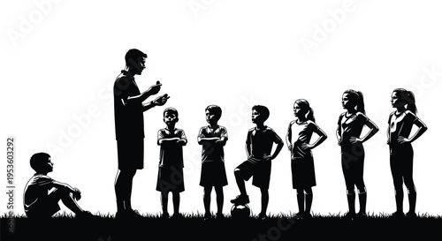 Male soccer coach teaching a diverse group of young children in this sports vector illustration.