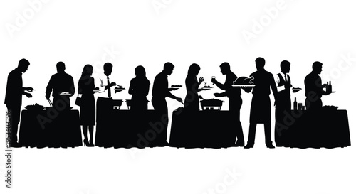 Elegant vector illustration of black silhouettes depicting people serving food at a formal buffet gathering.