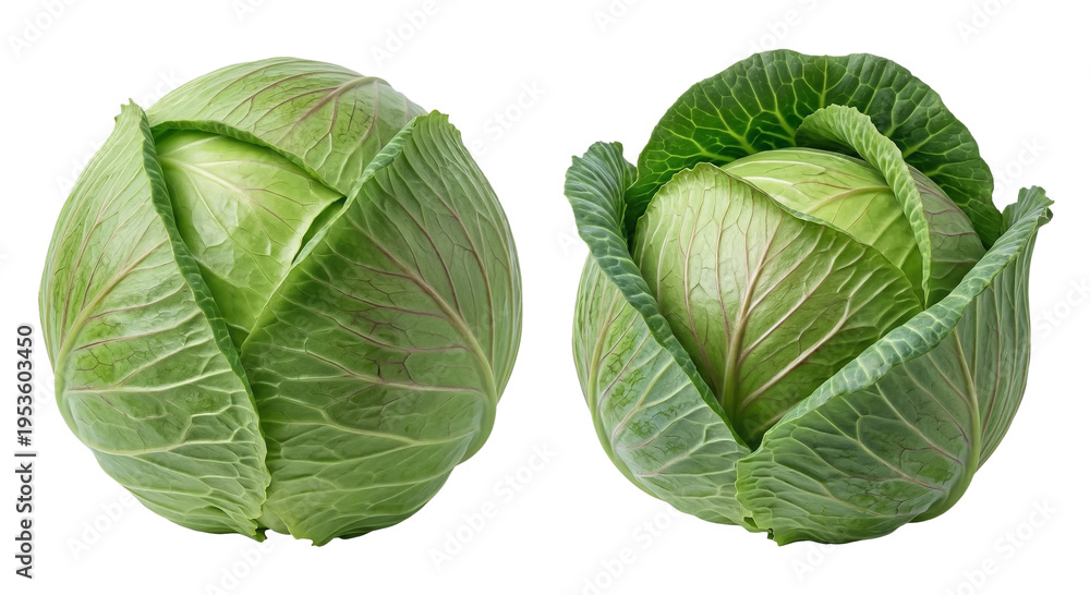 Fototapeta premium Whole green cabbage heads isolated on white background
