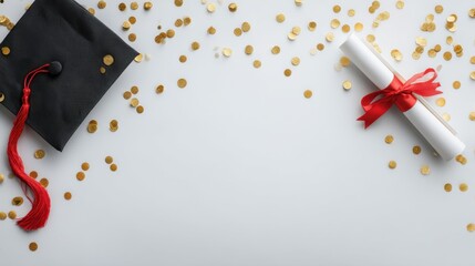 Graduation cap and diploma with red ribbon and gold confetti celebrating academic achievement and success