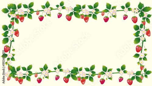 水彩風 レトロっぽい苺のフレーム2(16:9)Fresh fruit Series:Watercolor-style retro strawberry frame 2