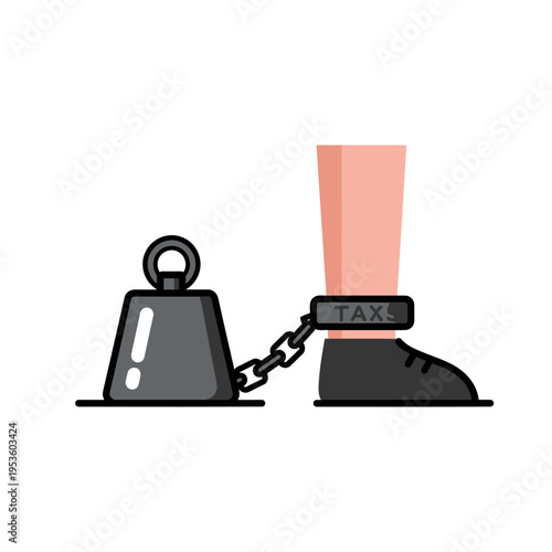 Flat vector illustration of a human leg and foot wearing a black shoe, chained to a large grey heavy metal weight by an ankle shackle labeled TAXS on white background.