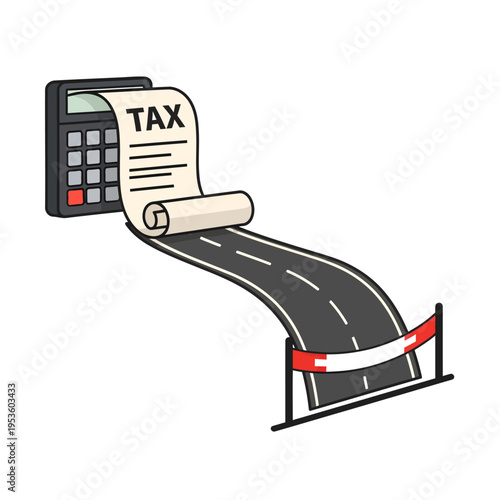Conceptual vector illustration of a calculator with a long paper tax receipt unrolling and transforming into an asphalt road leading to a finish line on a plain white background.