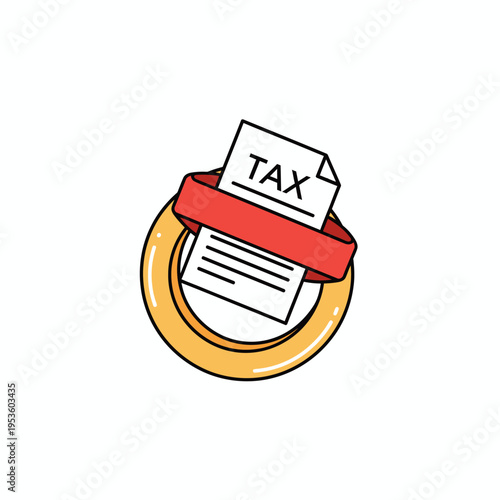 Vector graphic illustration of a white tax document featuring the word TAX, secured by a red band and passing through a yellow lifesaver ring, isolated on a white background.