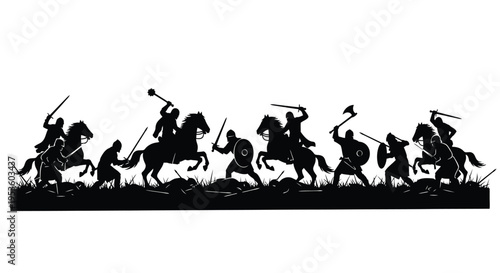 Silhouette vector illustration of ancient medieval warriors on horseback and foot fighting in intense battle design.