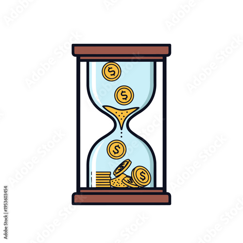 A flat vector graphic of a brown hourglass where gold coins with dollar signs fall from the top section to the bottom, accumulating into a pile, isolated on a white background.