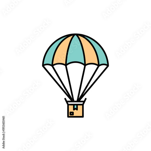 Flat vector icon of a striped parachute canopy in teal and yellow descending with a cardboard package attached, representing air delivery, logistics, and humanitarian aid.