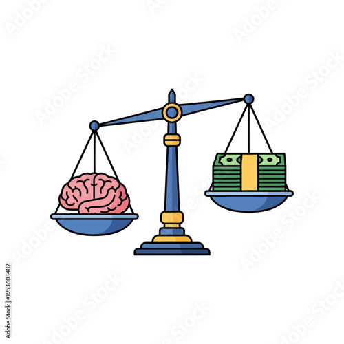 Flat vector illustration of a blue balance scale with a human brain on one side and a stack of money on the other, showing financial wealth outweighing intelligence or logic.