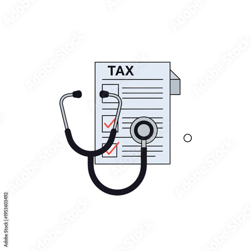 Flat vector illustration of a medical stethoscope examining a tax document with red checkmarks, symbolizing a financial health check, tax audit, or medical expense deduction.