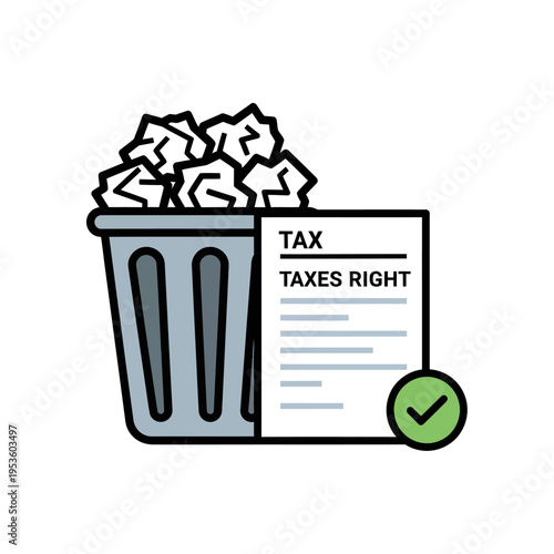 Vector illustration featuring a grey garbage bin filled with discarded crumpled paper beside a white tax form document with a green checkmark icon on white background.