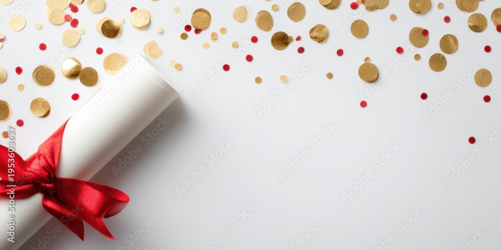 Fototapeta premium Rolled gift certificate tied with red ribbon surrounded by gold and red confetti for celebration