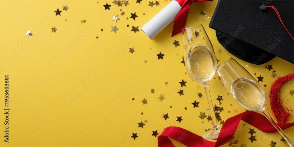 Fototapeta premium Graduation celebration with diploma, mortarboard and champagne glasses on yellow background