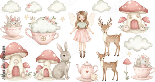 Whimsical illustration of fantasy forest creatures and mushrooms with a young girl
