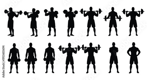 Collection of male fitness silhouettes illustrating various weightlifting and exercise movements with barbells