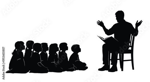 Adult person reading an engaging story aloud from a book to a group of attentive children vector graphic.