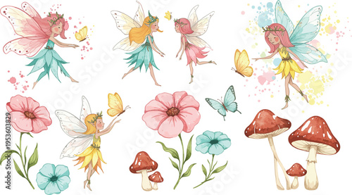 Whimsical illustration of fairies butterflies flowers and mushrooms in a dreamy garden scene with pastel colors and soft focus