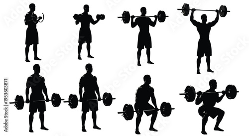 Collection of vector graphic silhouettes illustrating different weightlifting exercises performed by a muscular man