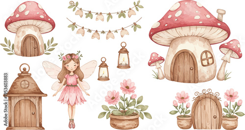 Whimsical illustration of fairy tale mushroom houses and a little girl in a garden
