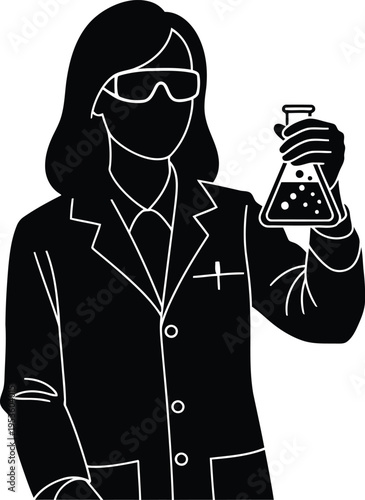 Φωτογραφία Female Scientist Holding Flask Silhouette Vector Illustration for Laboratory and