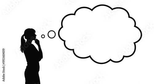 Minimalist vector graphic showing a pensive woman silhouette pondering deeply with an empty idea bubble.