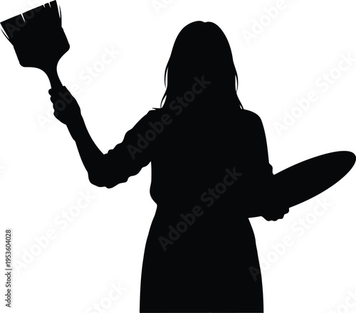 Silhouette of Female Artist Holding Paintbrush and Palette Isolated on White Background
