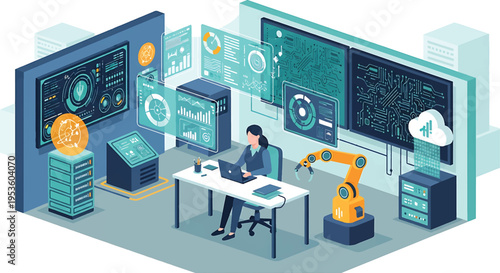 Woman working with advanced technology in a modern data center.