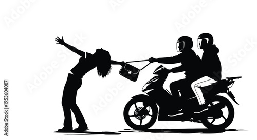 Silhouette vector illustration depicts thieves snatching a handbag from a resisting woman during a street crime