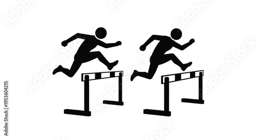Vector graphic illustration of two silhouetted athletes simultaneously clearing hurdles during a track race