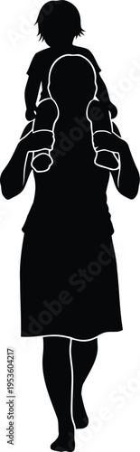 Silhouette of Mother Carrying Child on Shoulders Isolated on White Background Vector Illustration