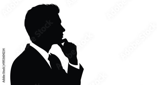 Silhouette vector graphic of a thoughtful businessman in a suit posing with his finger on his chin
