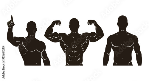 Powerful black vector graphic illustration depicting three distinct male bodybuilder poses showcasing strength and fitness.