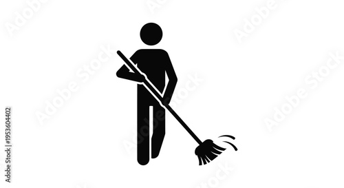 Simple black silhouette vector graphic design of a person sweeping the floor with a broomstick icon