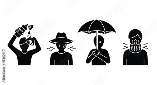 Collection of essential vector graphic icons representing personal protection against various weather conditions and sun damage
