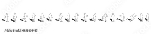 A collection of top view outline vector standing, walking and running people figures with gray shadows underneath, useful for realistic architectural plans. Overhead perspective illustration
