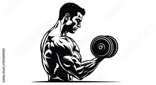 Muscular man vector illustration lifting a heavy dumbbell, showcasing strength and fitness for gym design.