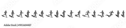 A collection of top view silhouette vector standing, walking and running people figures with gray shadows underneath, useful for realistic architectural plans. Overhead perspective illustration