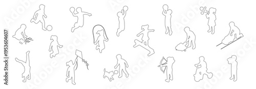 Top view kids activities outline set minimal line art, children playing overhead perspective with sports and playground actions, soccer basketball cycling and outdoor fun