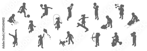 Top view kids activities silhouette set, overhead children playing collection with black solid figures, soccer basketball skipping rope cycling sandbox and outdoor fun, urban plan