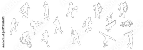 Top view sports people outline set minimal line art, athletes in action poses overhead perspective, human figures for soccer tennis basketball cycling and more, architectural plan