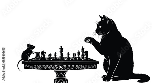 Intriguing vector illustration of a cat and mouse engaged in a strategic game of chess, a clever animal concept.
