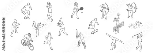Top view sports people collection vector, athletes playing soccer tennis basketball volleyball cricket cycling running swimming and more, overhead perspective human figures