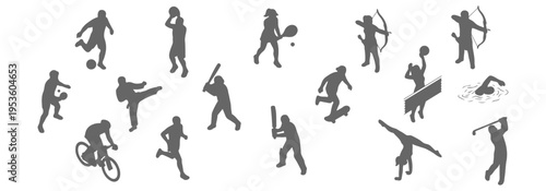 Top view sports people silhouette set, overhead athletes collection in action poses, black solid human figures for soccer tennis basketball cycling and more