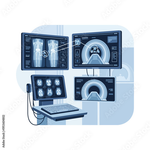 Advanced Medical Imaging Technology Showing Human Anatomy Scans and MRI Machine Displays on Multiple Screens