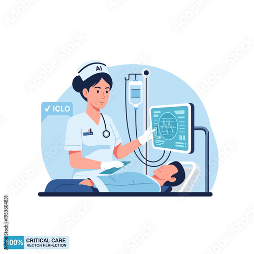 Nurse attending to patient in ICU, monitoring vital signs on screen with AI assistance
