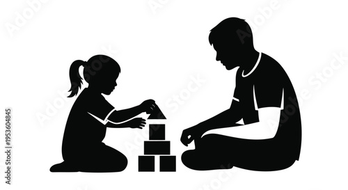 Black silhouette illustration shows father watching daughter build a tower using simple geometric construction blocks