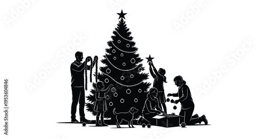 Happy family decorating a beautiful Christmas tree together with ornaments, preparing for the festive holiday season.